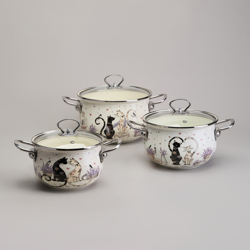 Фото Набор кастрюль эмалированный, серия lavender cats 6пр. 2,0/2,8/3,8л диа.18/20/22см Agness (943-107) - интернет-магазин МегаТерем в Москве