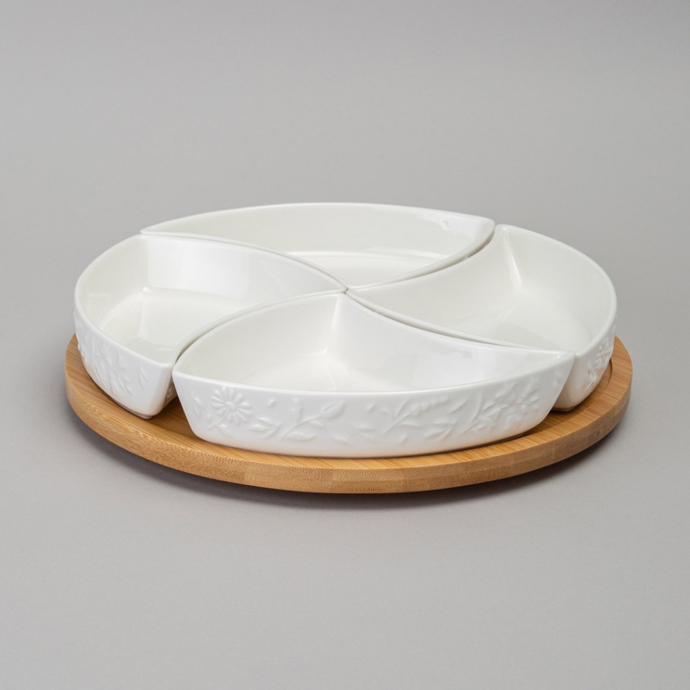 Фото Менажница 4 секции lefard flowers story на дер. подставке 25*5,5 см 175 мл (474-248)  - интернет-магазин МегаТерем в Москве