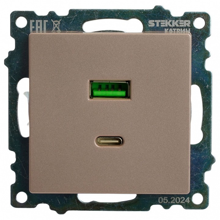 Фото Розетка 2хUSB type A и C без рамки Stekker Катрин 50056 FE_50056 - интернет-магазин МегаТерем в Москве