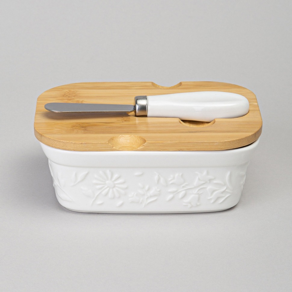 Фото Масленка lefard flowers story с дер. крышкой, ножом для масла 15*11*6 см 330 мл (474-256)  - интернет-магазин МегаТерем в Москве